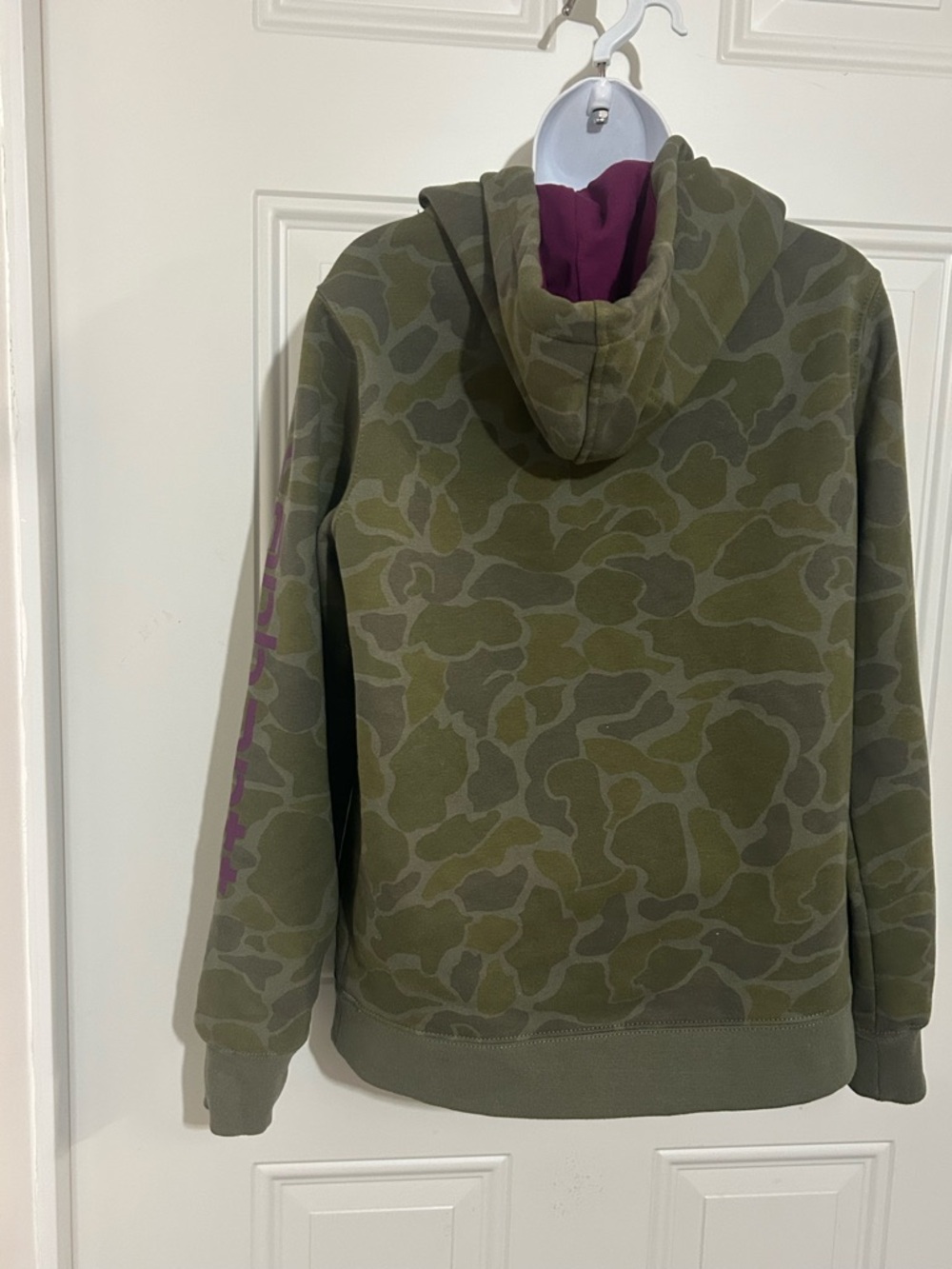 Carhartt Olive Camo Hoodie with Bright Purple Hood - Picture 5 of 7